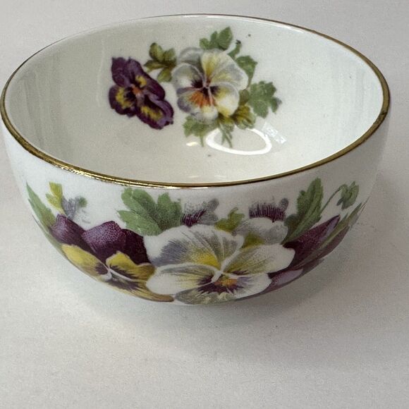 CROWN STAFFORDSHIRE Mini Creamer & Sugar Bowl White, Yellow, Purple Pansies VTG - Picture 10 of 13